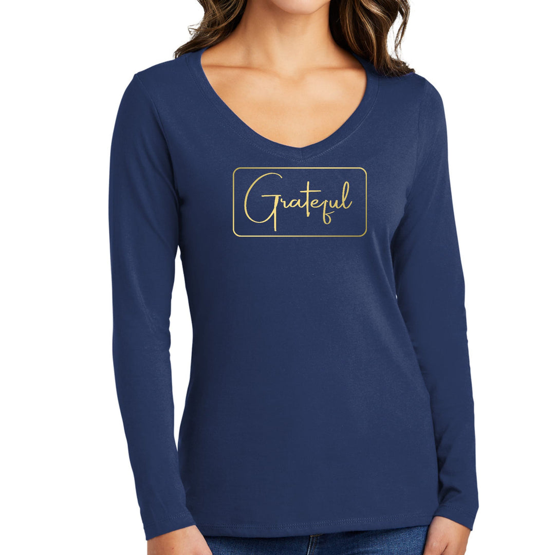 Womens Long Sleeve V-neck Graphic T-shirt - Grateful - Metallic Gold - Womens