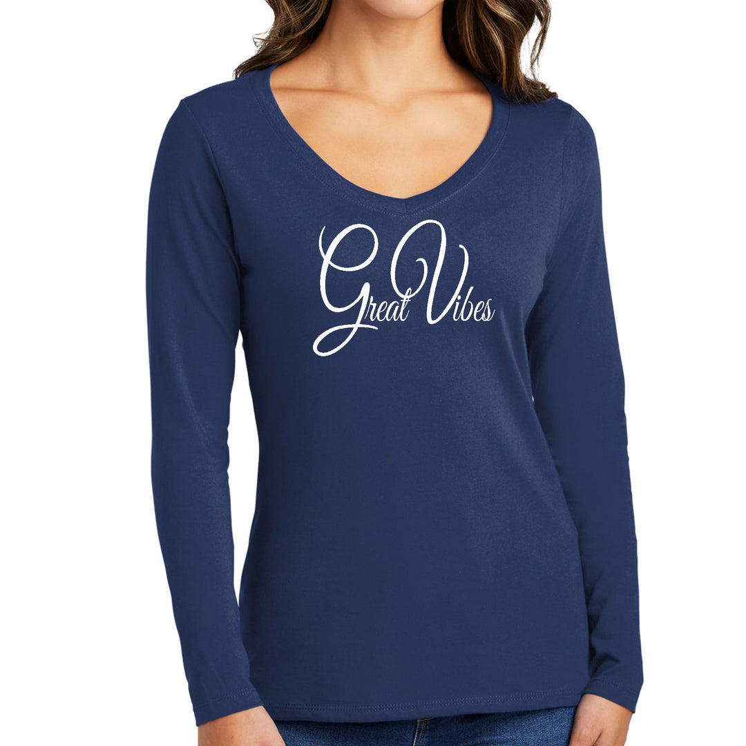 Womens Long Sleeve V-neck Graphic T-shirt - Great Vibes - Womens | T-Shirts