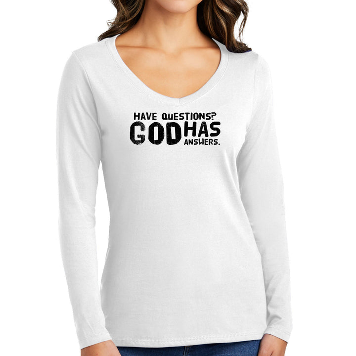 Womens Long Sleeve V-neck Graphic T-shirt - have Questions God - Womens