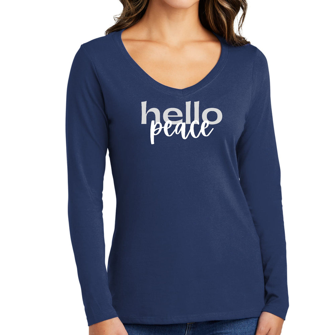 Womens Long Sleeve V-neck Graphic T-shirt - Hello Peace Motivational