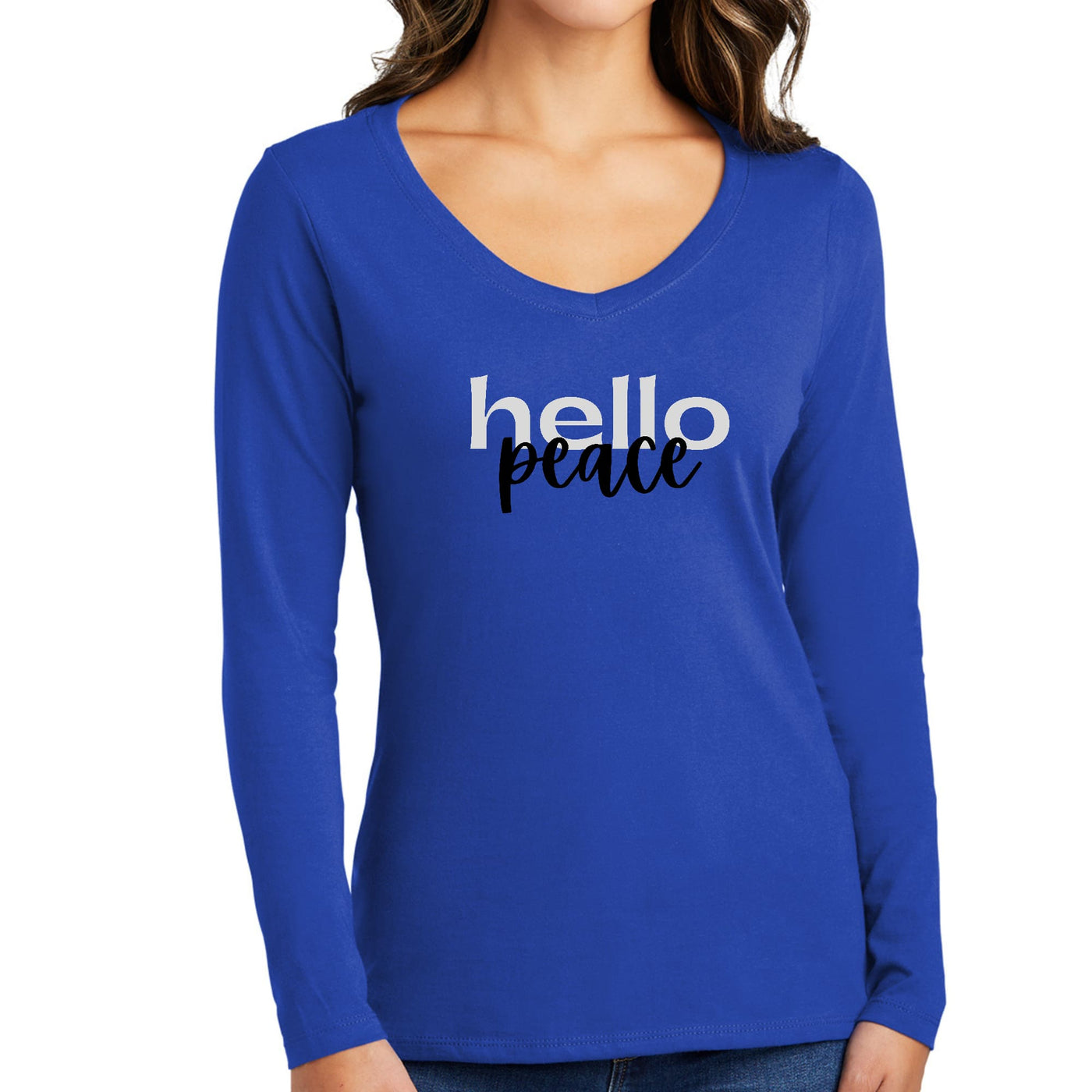 Womens Long Sleeve V - neck Graphic T - shirt Hello Peace Motivational - Womens