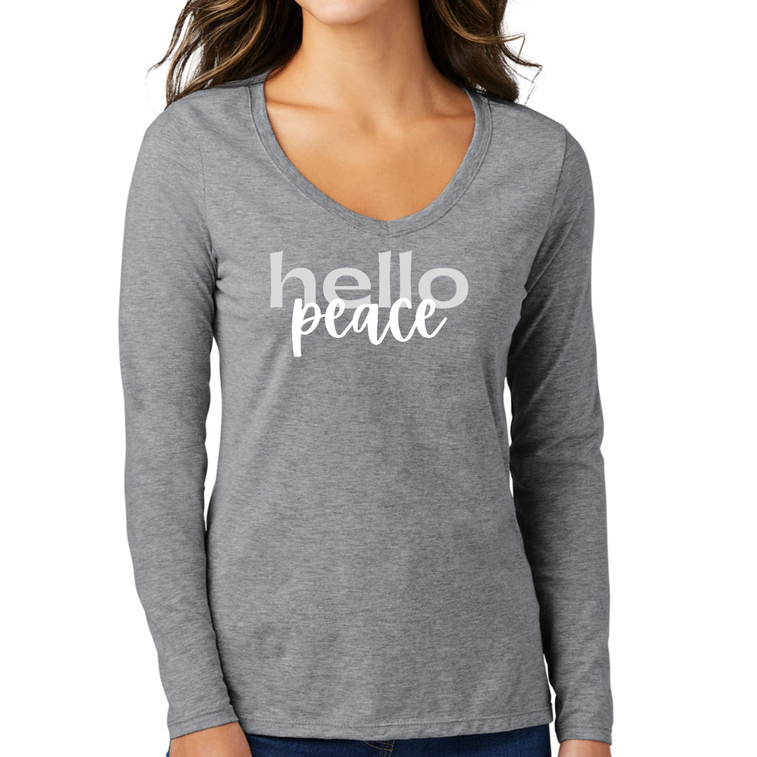 Womens Long Sleeve V-neck Graphic T-shirt Hello Peace Motivational - Womens
