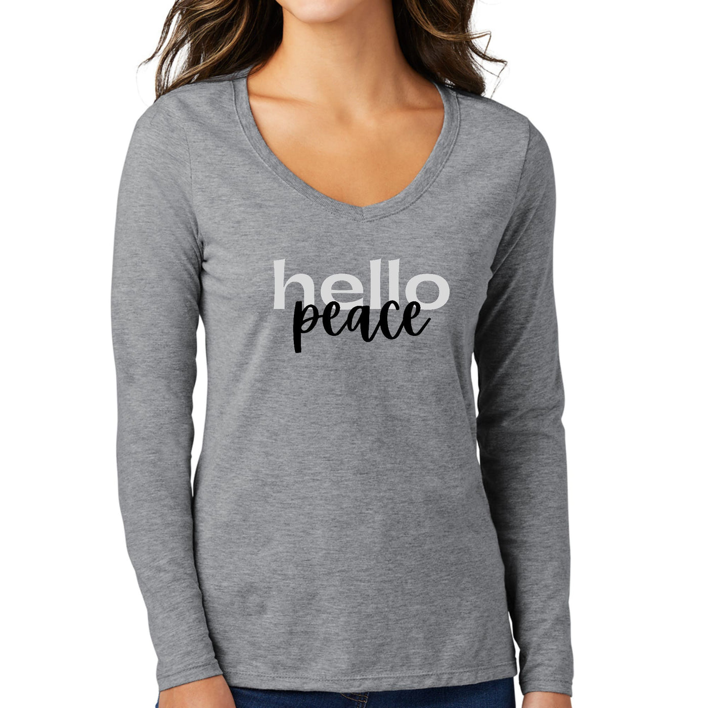 Womens Long Sleeve V - neck Graphic T - shirt Hello Peace Motivational - Womens
