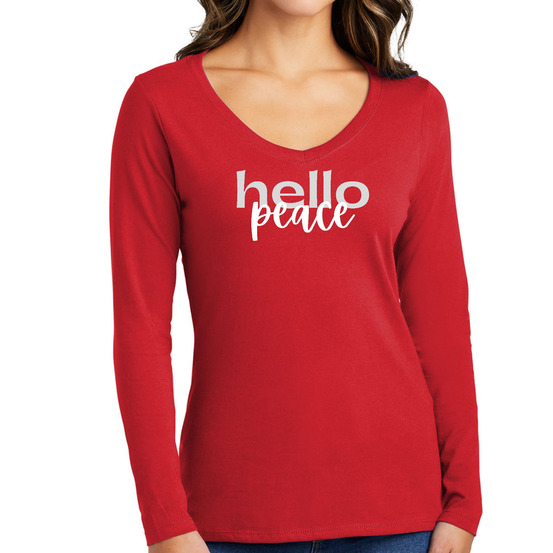 Womens Long Sleeve V-neck Graphic T-shirt Hello Peace Motivational - Womens