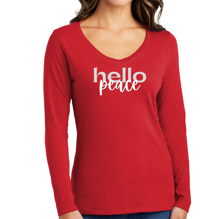 Womens Long Sleeve V-neck Graphic T-shirt - Hello Peace Motivational