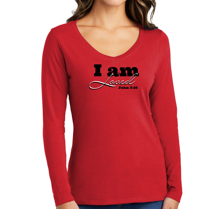 Womens Long Sleeve V-neck Graphic T-shirt i Am Loved - John 3:16 - Womens