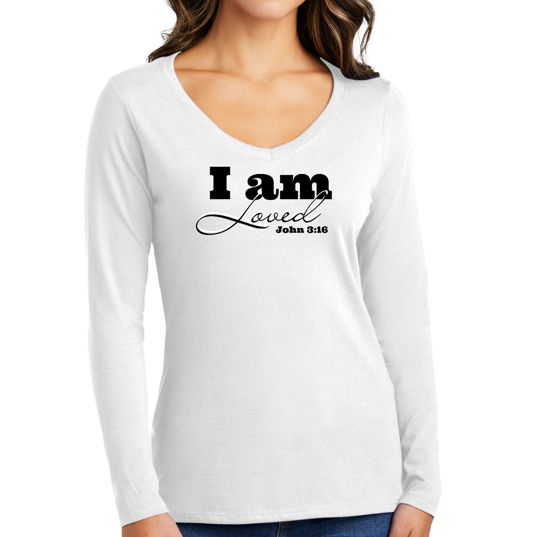 Womens Long Sleeve V-neck Graphic T-shirt i Am Loved - John 3:16 - Womens