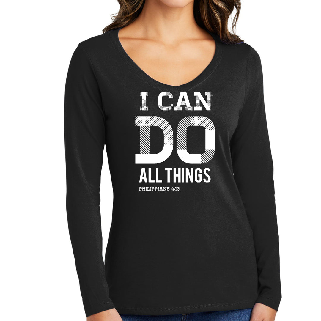 Womens Long Sleeve V-neck Graphic T-shirt - i can do All Things - Womens