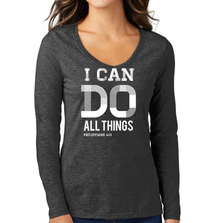 Womens Long Sleeve V-neck Graphic T-shirt - i can do All Things - Womens