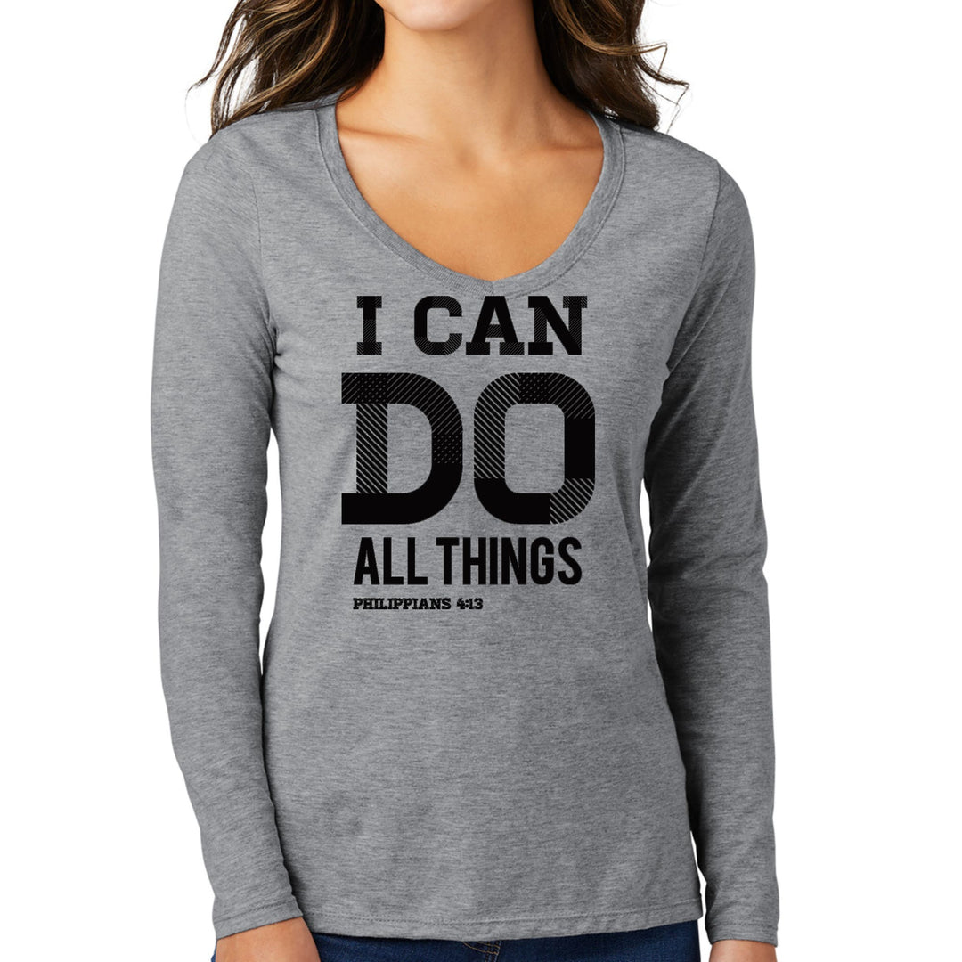 Womens Long Sleeve V-neck Graphic T-shirt - i can do All Things - Womens