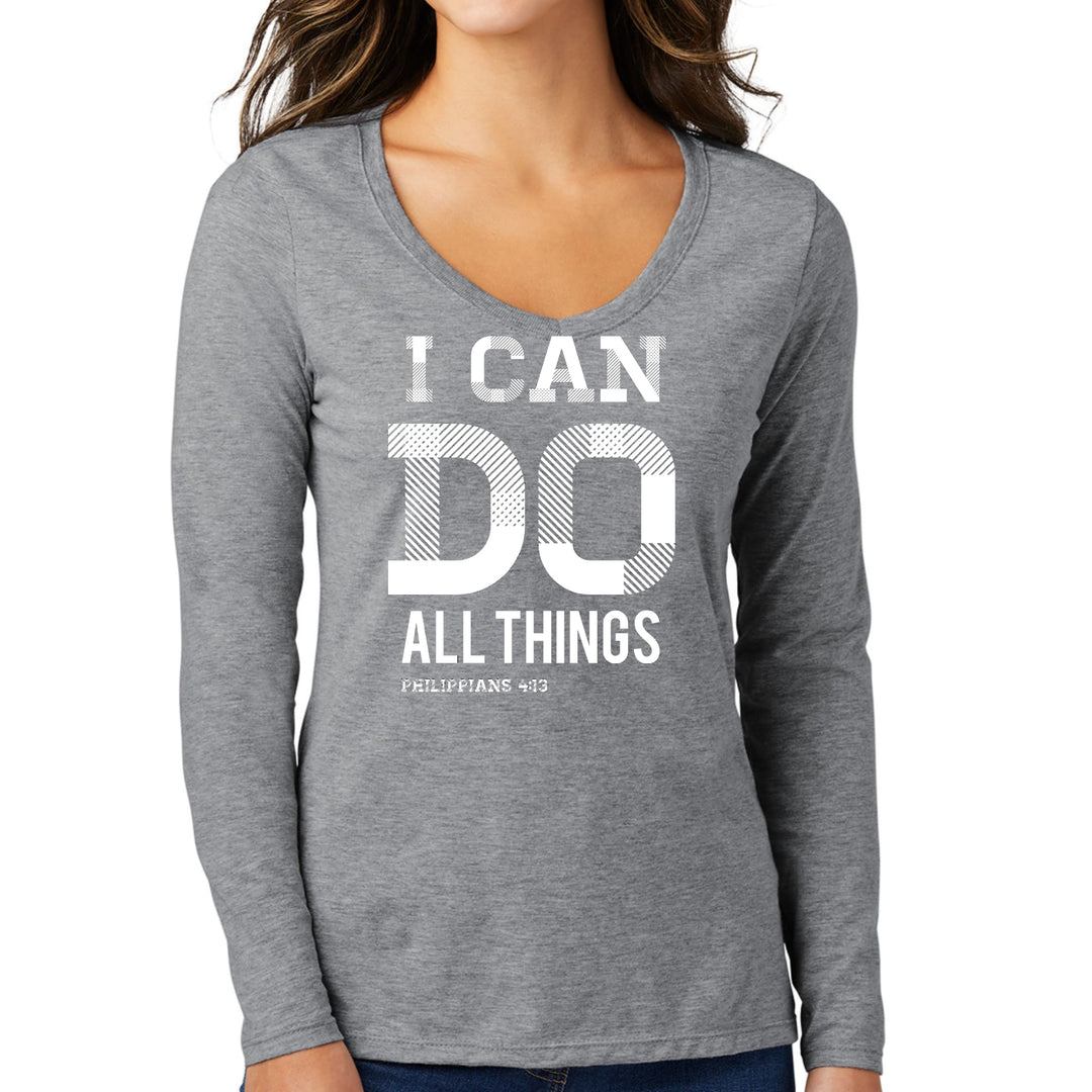 Womens Long Sleeve V-neck Graphic T-shirt - i can do All Things - Womens