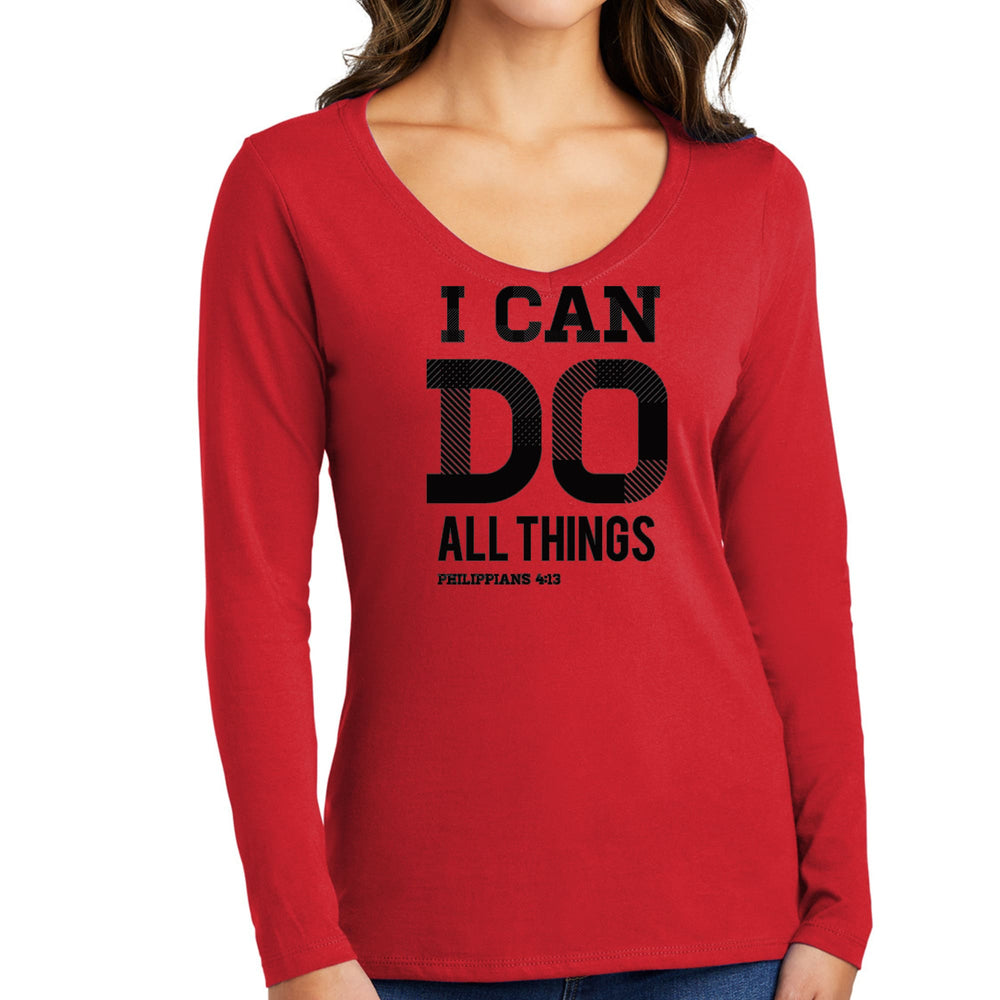 Womens Long Sleeve V-neck Graphic T-shirt i can do All Things - Womens