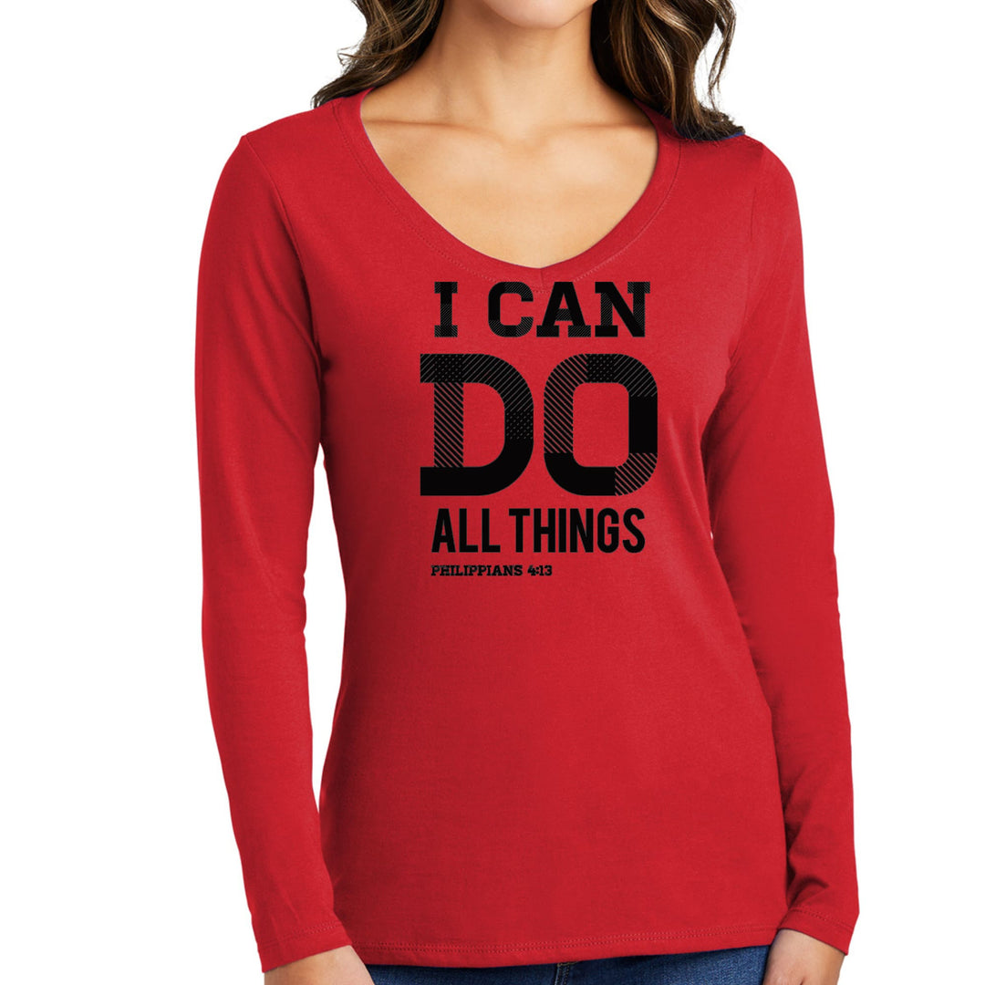 Womens Long Sleeve V-neck Graphic T-shirt - i can do All Things - Womens