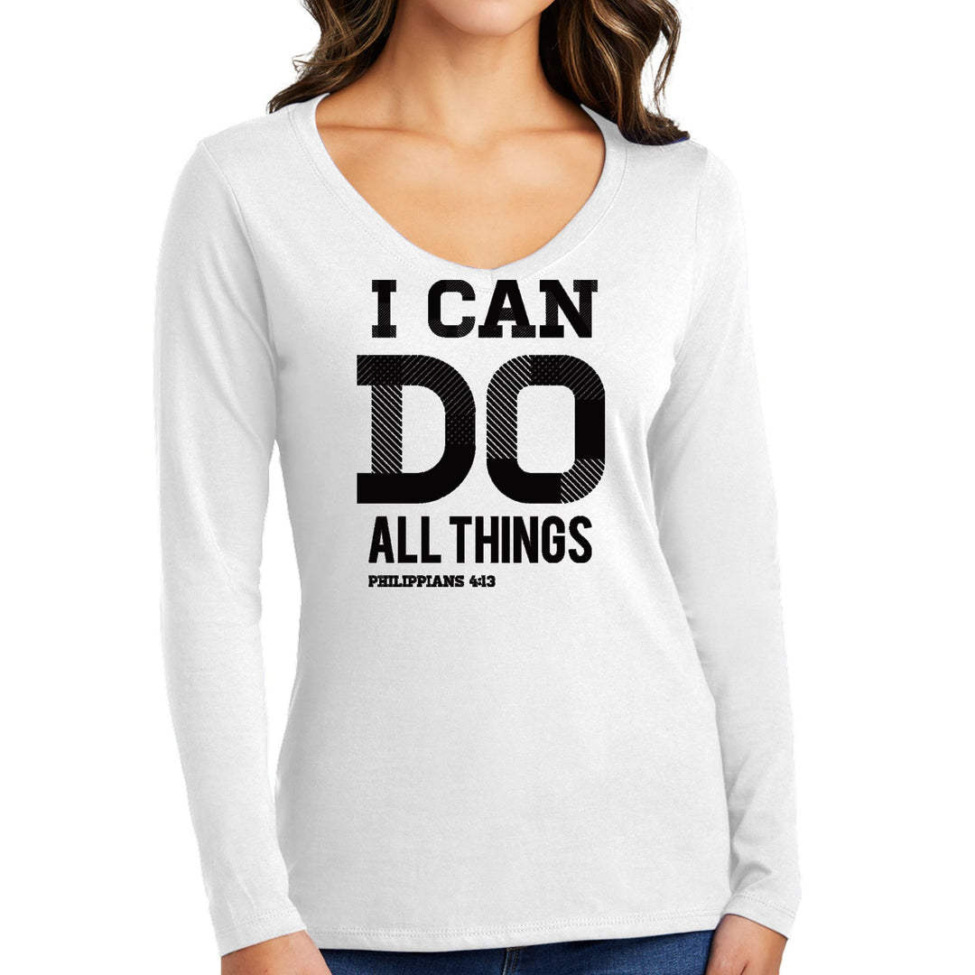 Womens Long Sleeve V-neck Graphic T-shirt i can do All Things - Womens