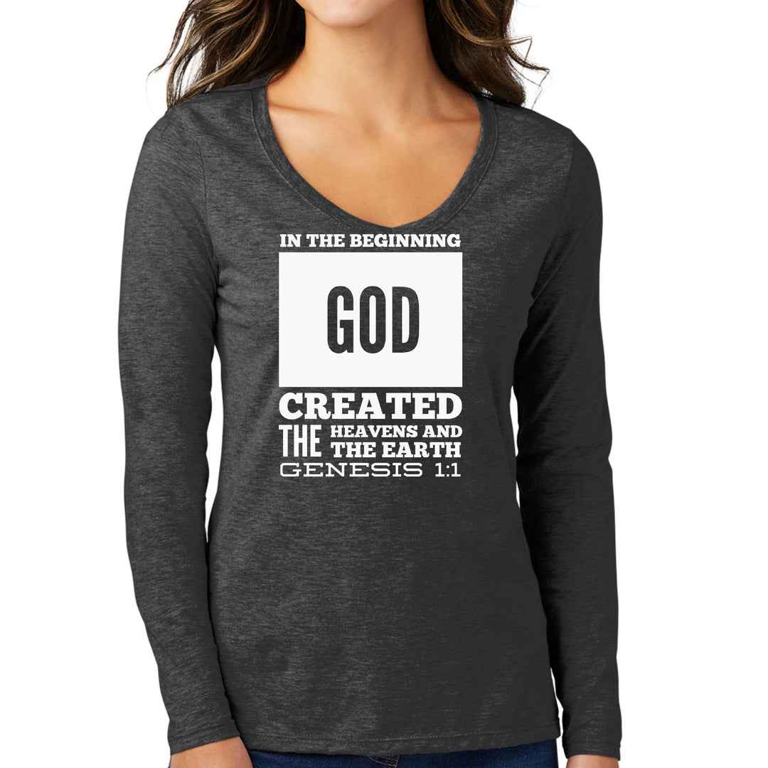 Womens Long Sleeve V-neck Graphic T-shirt - in the Beginning Print - Womens