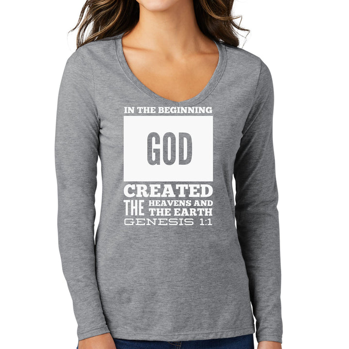 Womens Long Sleeve V-neck Graphic T-shirt - in the Beginning Print - Womens