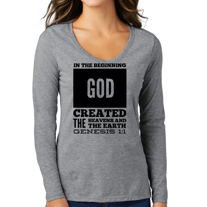 Womens Long Sleeve V-neck Graphic T-shirt - in the Beginning Print