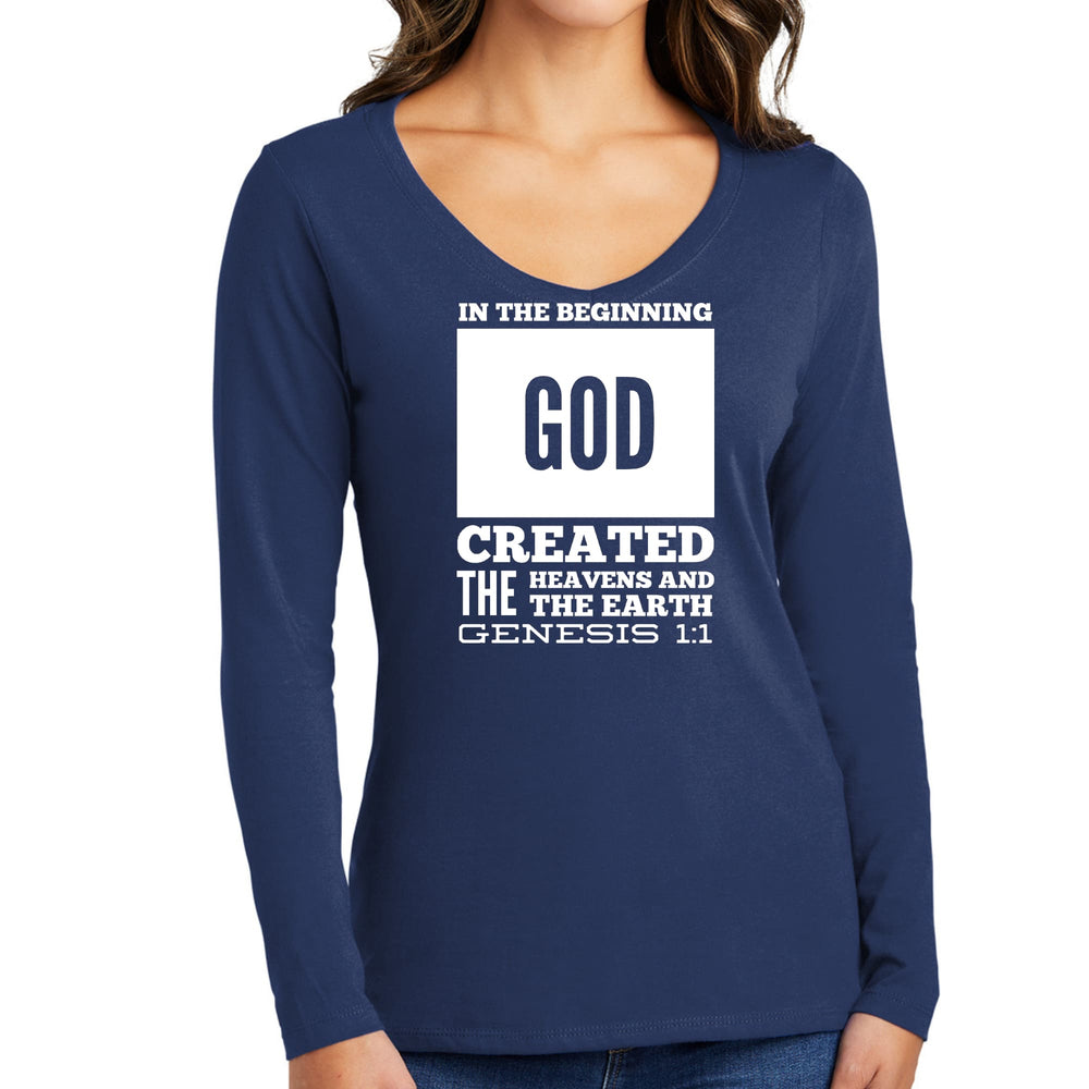 Womens Long Sleeve V-neck Graphic T-shirt In The Beginning Print - Womens