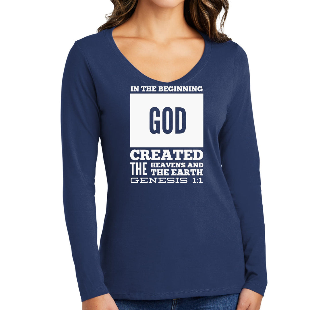 Womens Long Sleeve V-neck Graphic T-shirt - in the Beginning Print - Womens