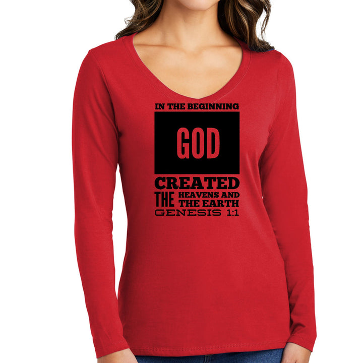 Womens Long Sleeve V-neck Graphic T-shirt - in the Beginning Print