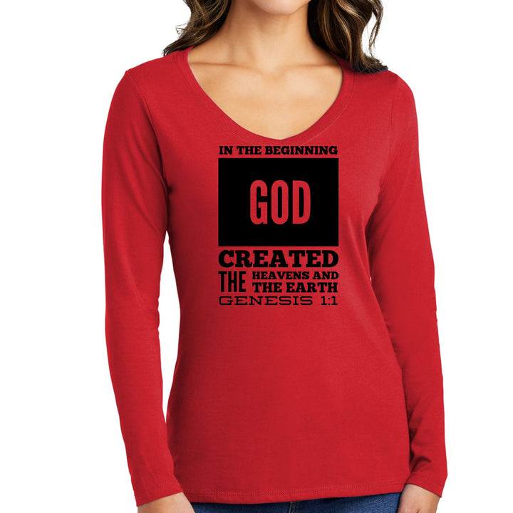 Womens Long Sleeve V-neck Graphic T-shirt In The Beginning Print - Womens