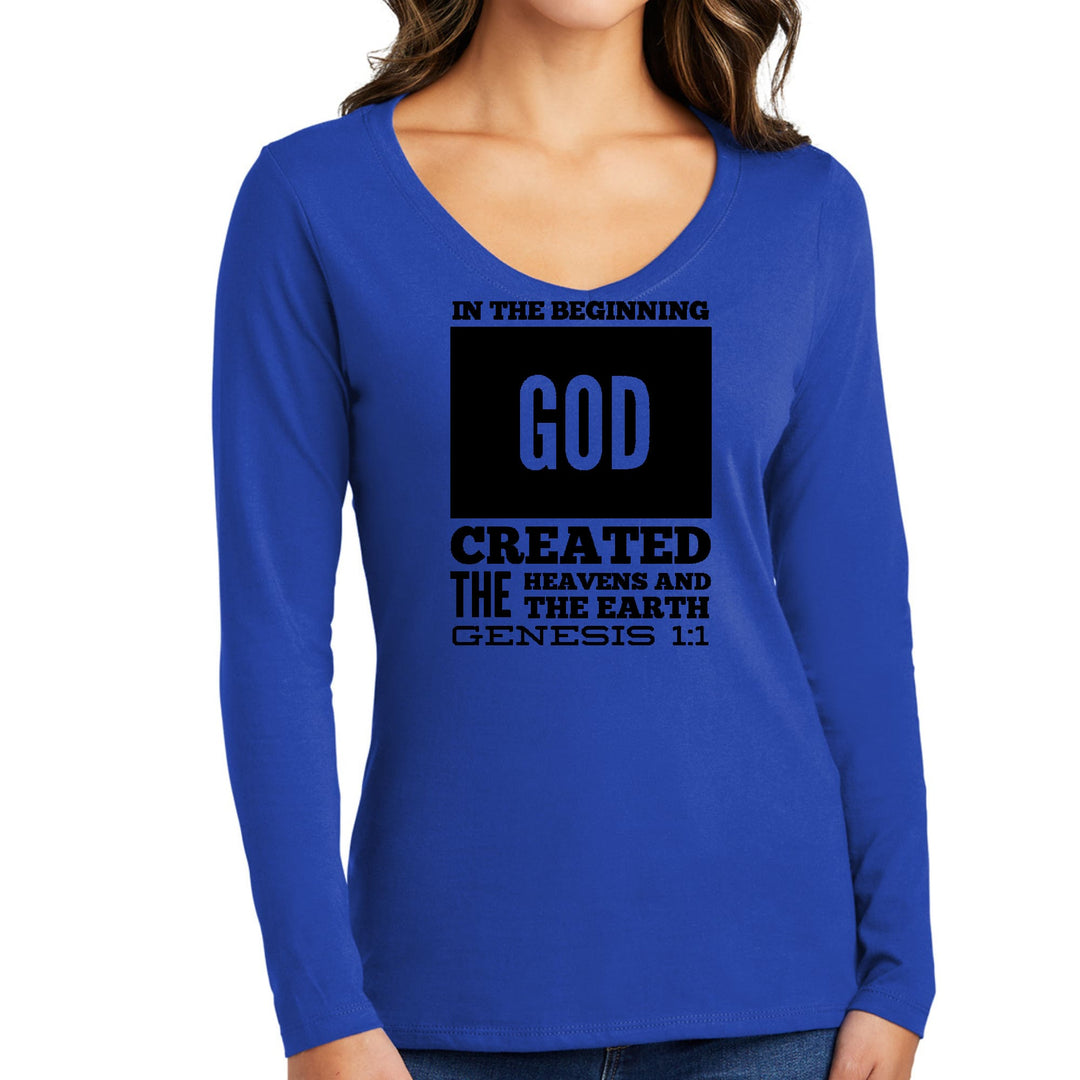 Womens Long Sleeve V-neck Graphic T-shirt - in the Beginning Print