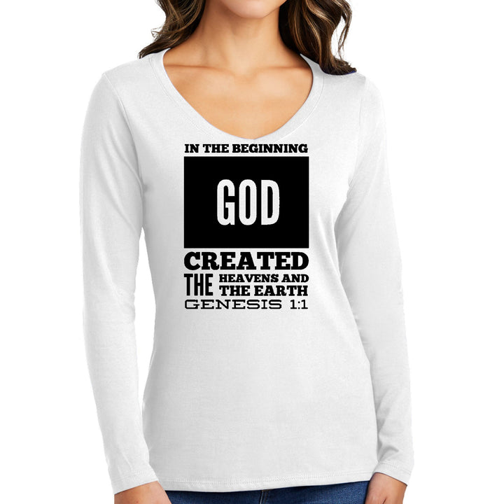 Womens Long Sleeve V-neck Graphic T-shirt - in the Beginning Print