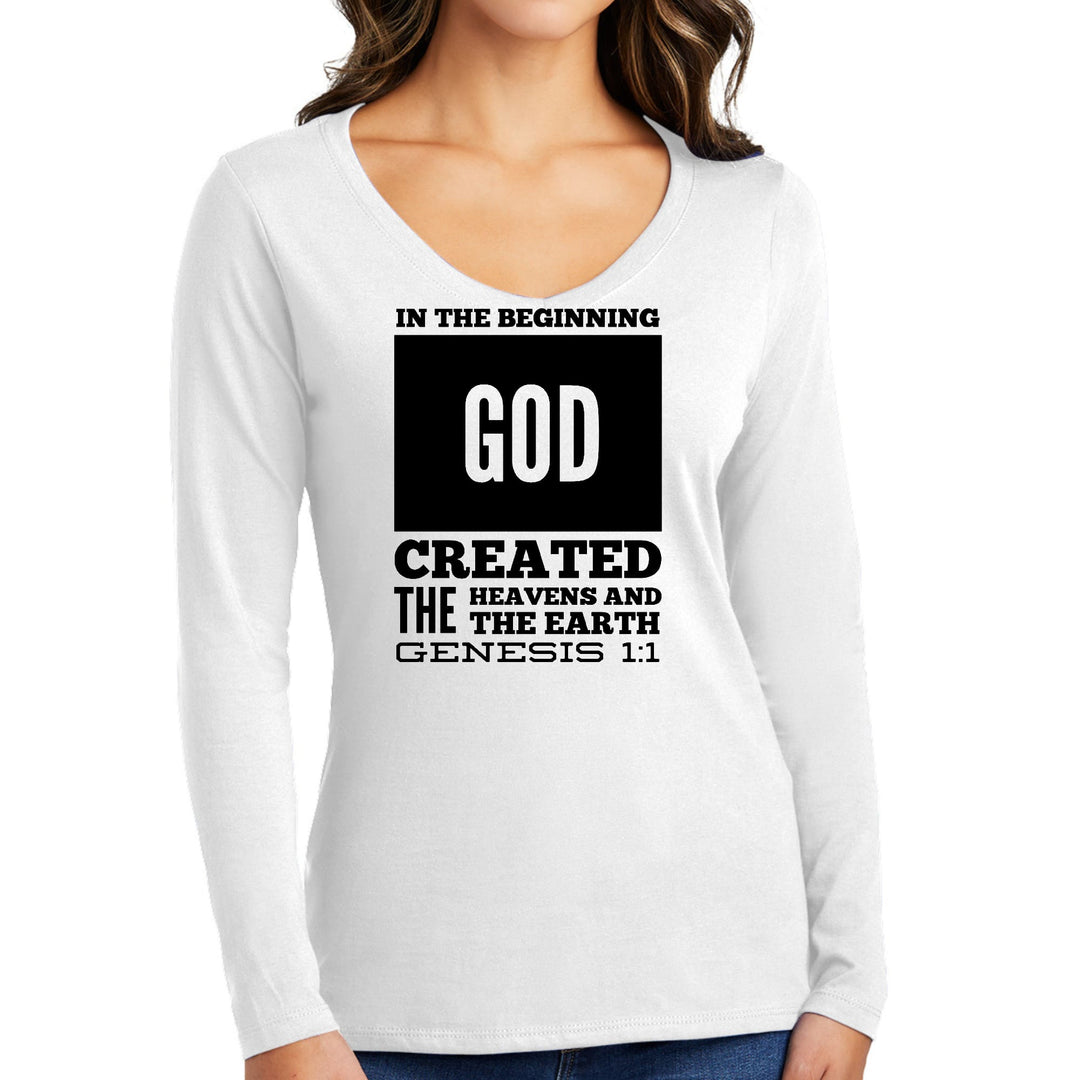 Womens Long Sleeve V-neck Graphic T-shirt In The Beginning Print - Womens