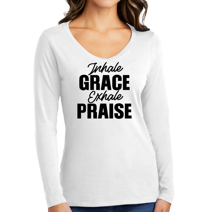 Womens Long Sleeve V-neck Graphic T-shirt - Inhale Grace Exhale Praise - Womens