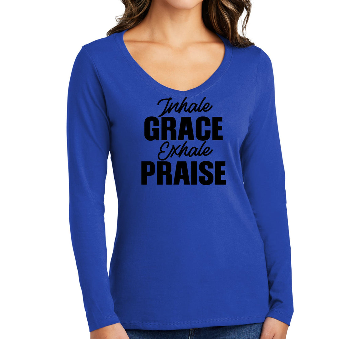 Womens Long Sleeve V-neck Graphic T-shirt - Inhale Grace Exhale Praise - Womens