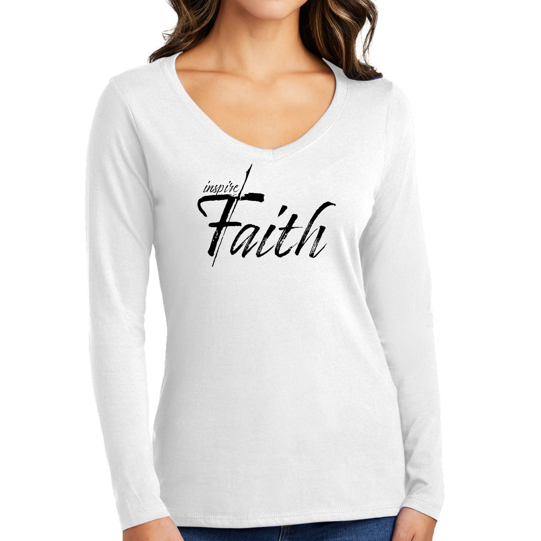 Womens Long Sleeve V-neck Graphic T-shirt Inspire Faith Black Print - Womens