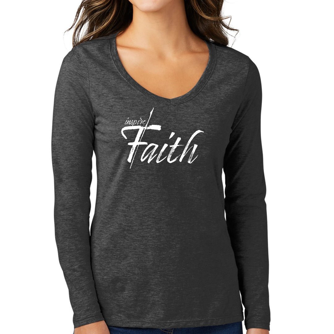 Womens Long Sleeve V-neck Graphic T-shirt Inspire Faith White Print - Womens