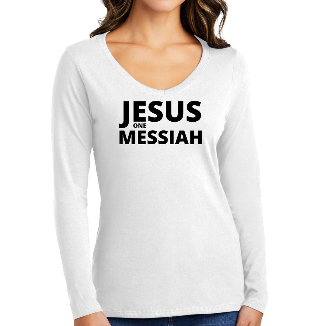 Womens Long Sleeve V-neck Graphic T-shirt Jesus one Messiah Black - Womens