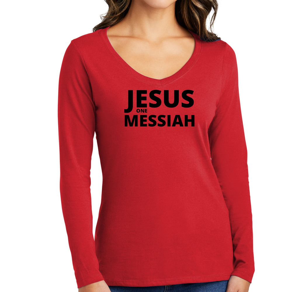 Womens Long Sleeve V-neck Graphic T-shirt Jesus one Messiah Black - Womens