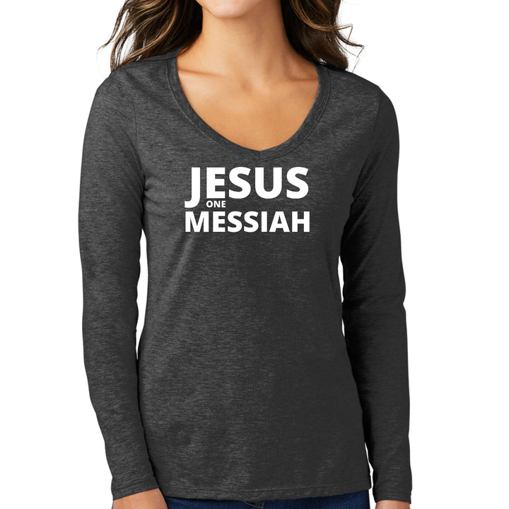 Womens Long Sleeve V-neck Graphic T-shirt Jesus One Messiah - Womens | T-Shirts