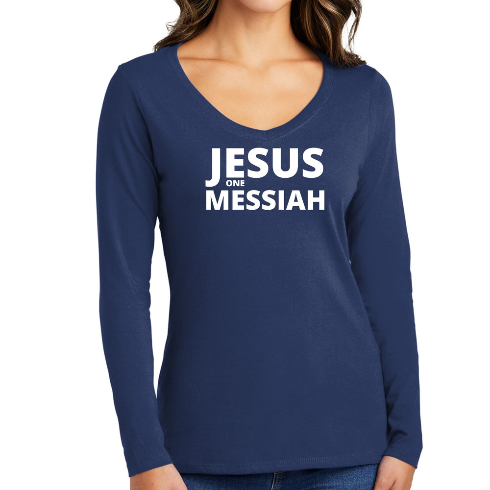 Womens Long Sleeve V-neck Graphic T-shirt Jesus One Messiah - Womens | T-Shirts