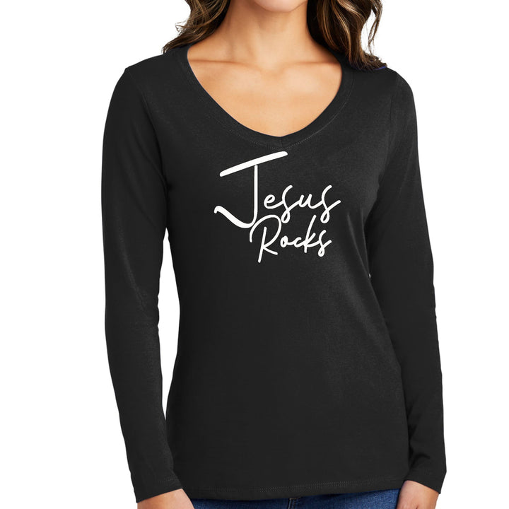 Womens Long Sleeve V-neck Graphic T-shirt Jesus Rocks Print - Womens | T-Shirts