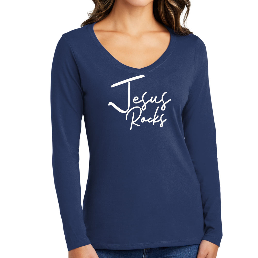 Womens Long Sleeve V-neck Graphic T-shirt Jesus Rocks Print - Womens | T-Shirts