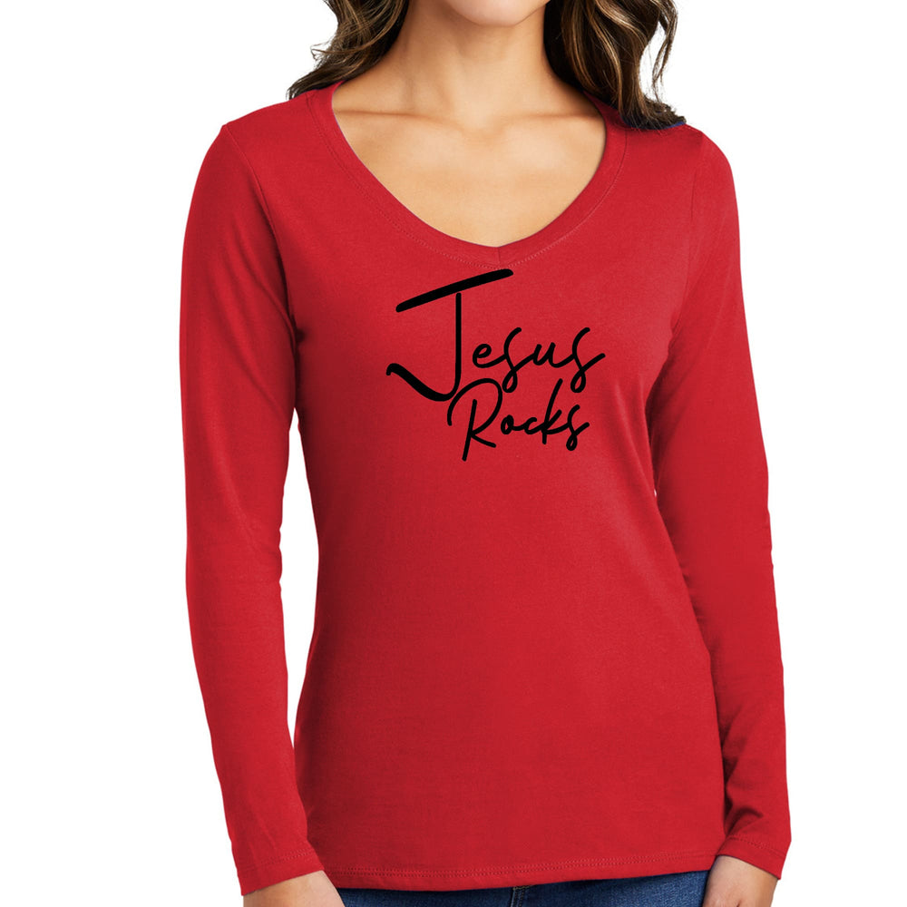 Womens Long Sleeve V-neck Graphic T-shirt Jesus Rocks Print - Womens | T-Shirts