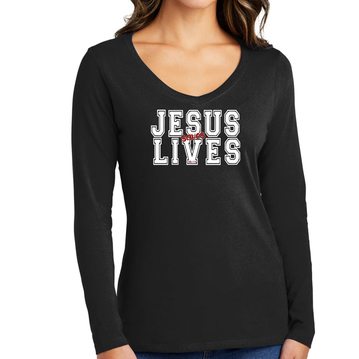 Womens Long Sleeve V-neck Graphic T-shirt Jesus Saves Lives White - Womens