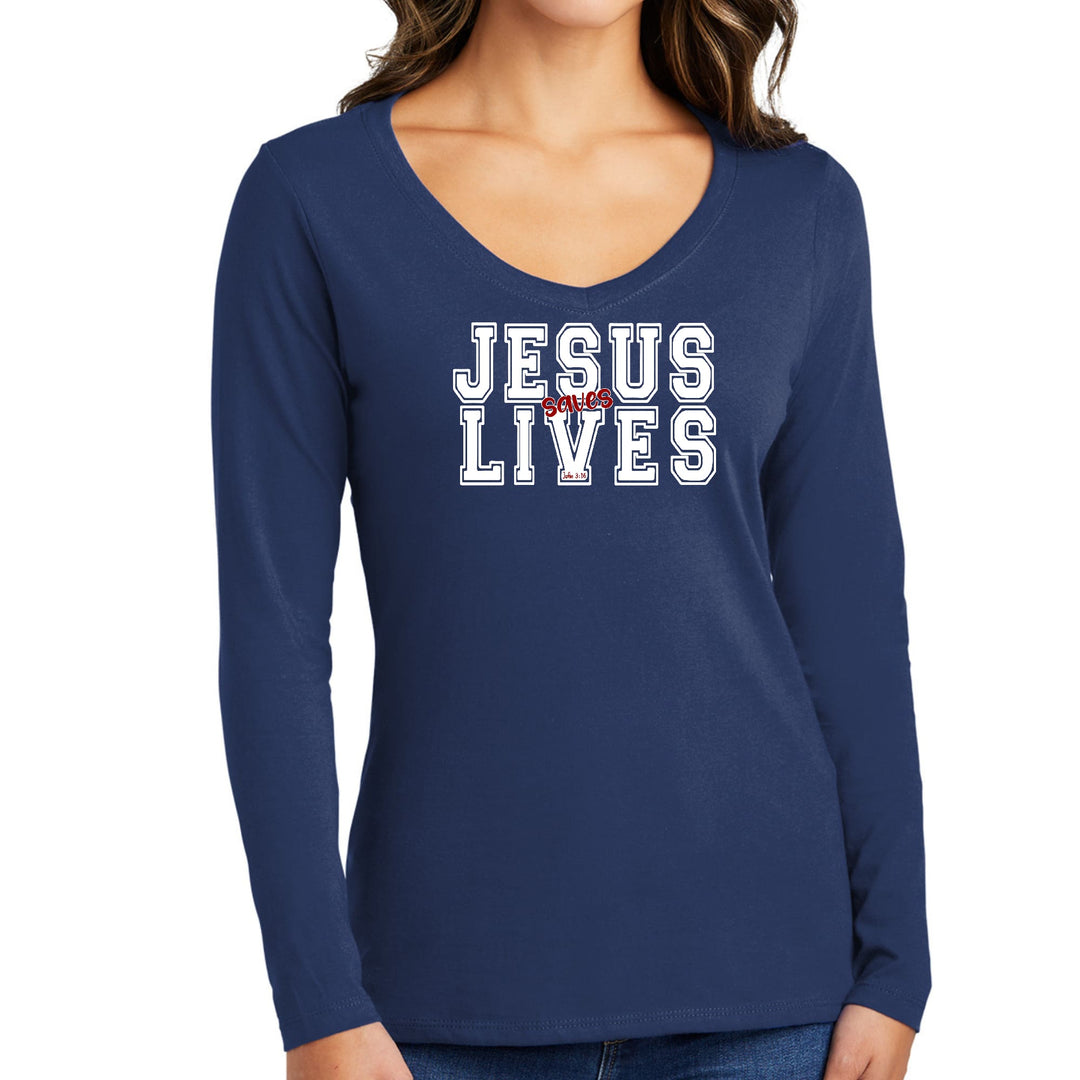 Womens Long Sleeve V-neck Graphic T-shirt Jesus Saves Lives White - Womens
