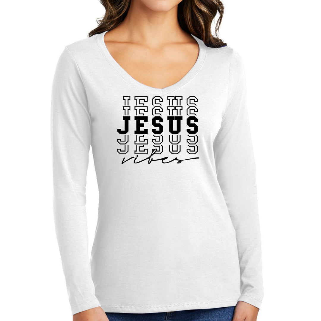 Womens Long Sleeve V-neck Graphic T-shirt - Jesus Vibes - Womens/T-Shirts/Long