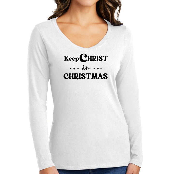 Womens Long Sleeve V-neck Graphic T-shirt - Keep Christ in Christmas, - Womens