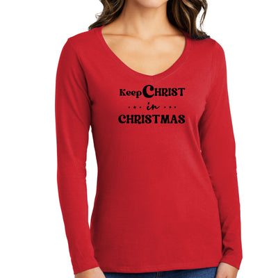 Womens Long Sleeve V-neck Graphic T-shirt Keep Christ In Christmas, - Womens
