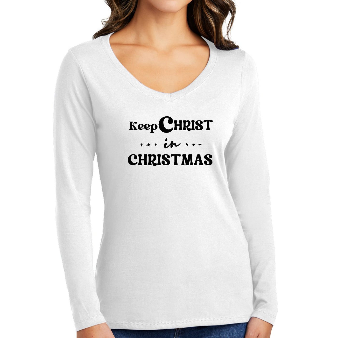 Womens Long Sleeve V - neck Graphic T - shirt Keep Christ In Christmas,