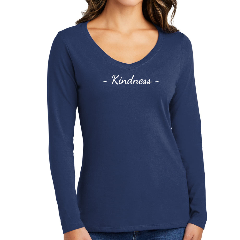 Womens Long Sleeve V-neck Graphic T-shirt Kindness White Print - Womens