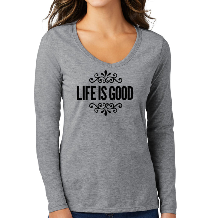 Womens Long Sleeve V-neck Graphic T-shirt - Life is Good Word Art - Womens