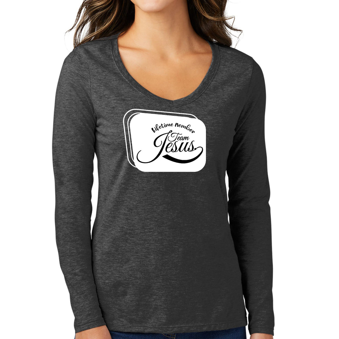 Womens Long Sleeve V-neck Graphic T-shirt Lifetime Member Team Jesus - Womens