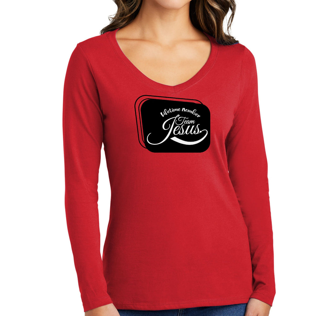 Womens Long Sleeve V-neck Graphic T-shirt - Lifetime Member Team Jesus - Womens