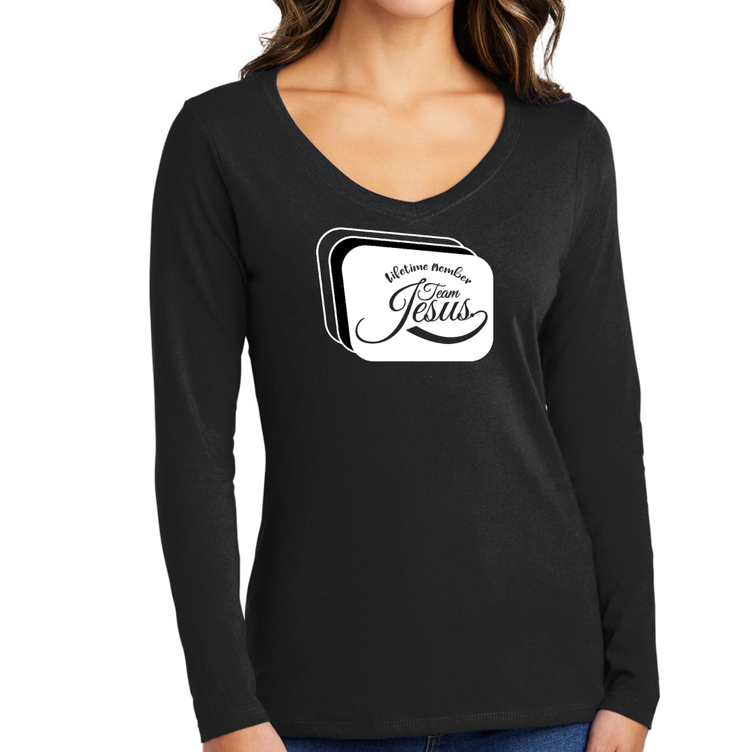 Womens Long Sleeve V-neck Graphic T-shirt - Lifetime Member Team Jesus - Womens